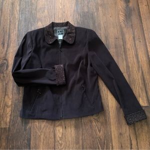Lennie JACKET SIZE 10 Brown w/ Animal Print Trim Nina Leonard ZIP FRONT, Pockets